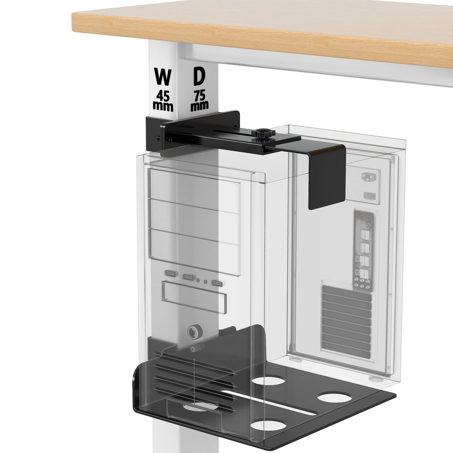 Under Desk PC Mount & CPU Holder, No-Drill Clamp-On Stand for Standing Desk (Fits 75x45mm Square Legs), Adjustable Steel Computer Tower Holder, Heavy-Duty 40lbs/18kg, Black