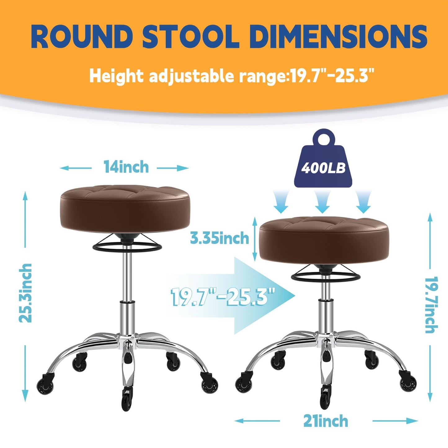 Rolling Stool Heavy Duty 400lb: Super Soft Seat Cushion,360° Swive,Height Adjustability,No Squeaky Noises,No Tip Over,New Upgraded Stool Salon stool Chair, Tattoo Facial Massage Spa Medical (Brown)