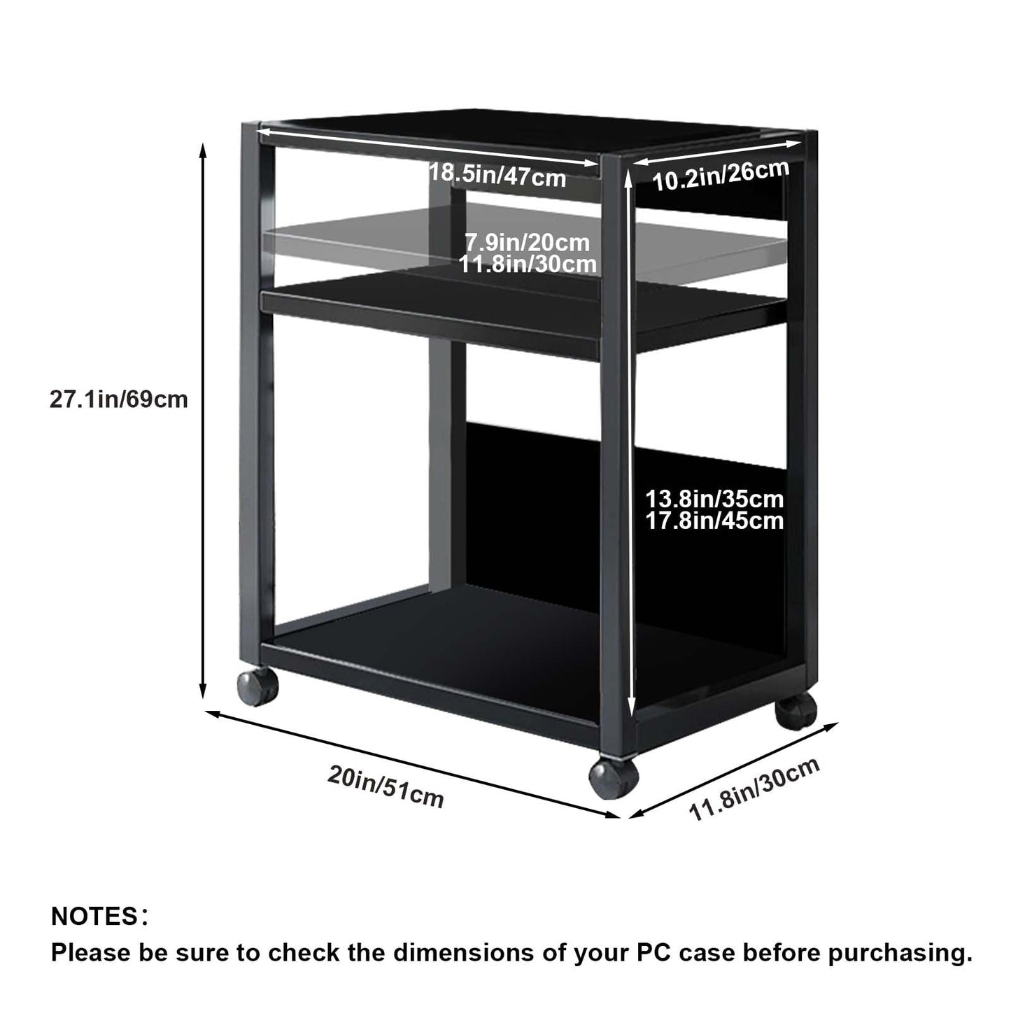 Curtainboro 3 Tier PC Tower Stand, Height Adjustable Computer Tower Floor Stand with Wheels, Metal Computer Cart CPU Holder for Office Home Classroom