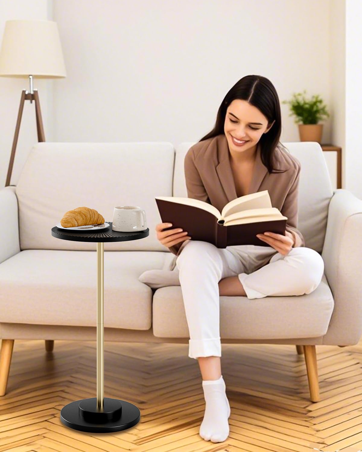 Round Side Table, Small Drink Table for Small Spaces, Modern Accent End Table with Metal Leg for Living Room, Bedroom, Corners, and Office (Black Gold)