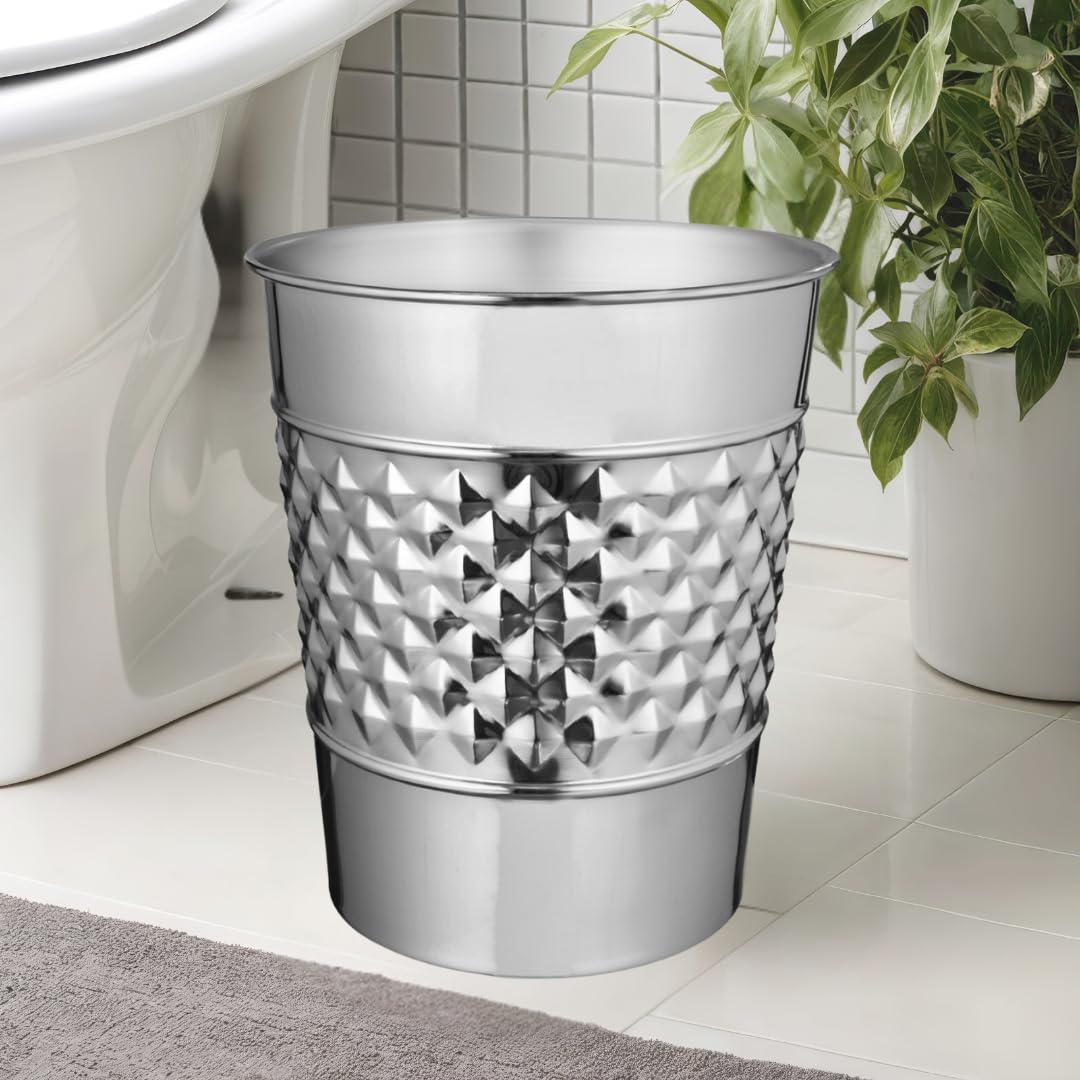 Monarch Abode Metal Bathroom Trash Can – Waste Basket for Bedroom, Office Desk, & Dorm, Handcrafted Geo Embossed, Durable Decorative Nickel Chrome Small Trash Can Bathroom Garbage Bin Wastebasket