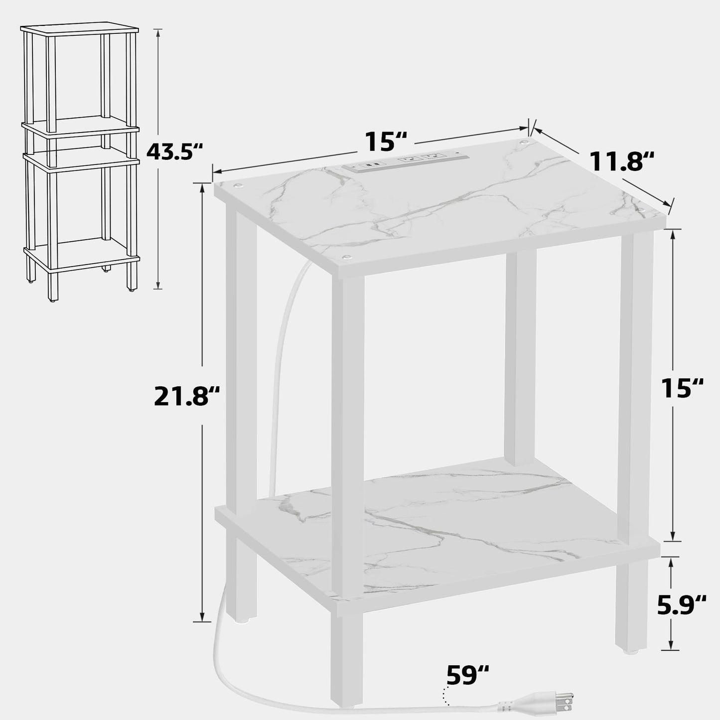 TUTOTAK End Table with Charging Station, Small Side Table with Outlets, Nightstand Bedside Table, 2-Tier Storage Shelf for Small Space, Living Room, Bedroom, Marble White TB01BMW040