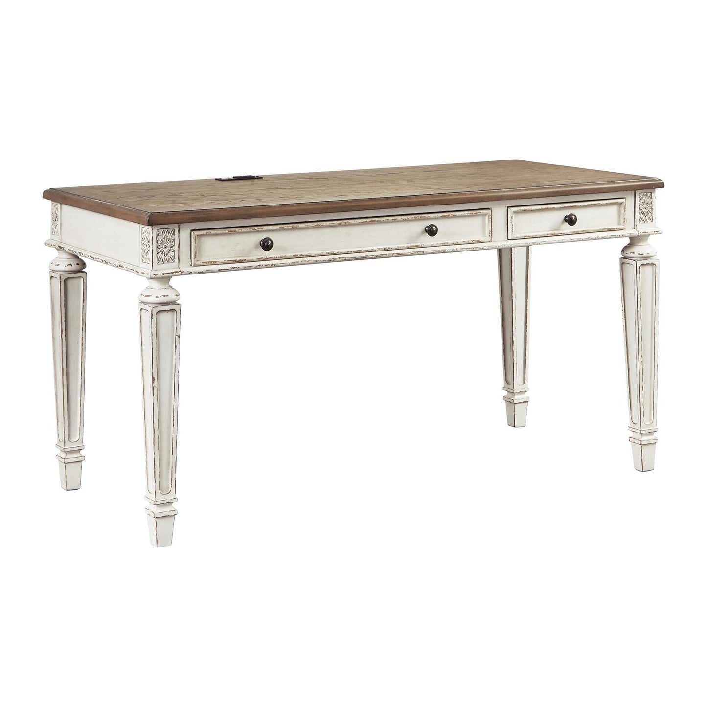 Signature Design by Ashley Realyn Farmhouse Home Office Desk, 2 Drawers, Drop-down Drawer, USB Charging, Wood, 60" W x 28" D x 31" H, Chipped White and Brown