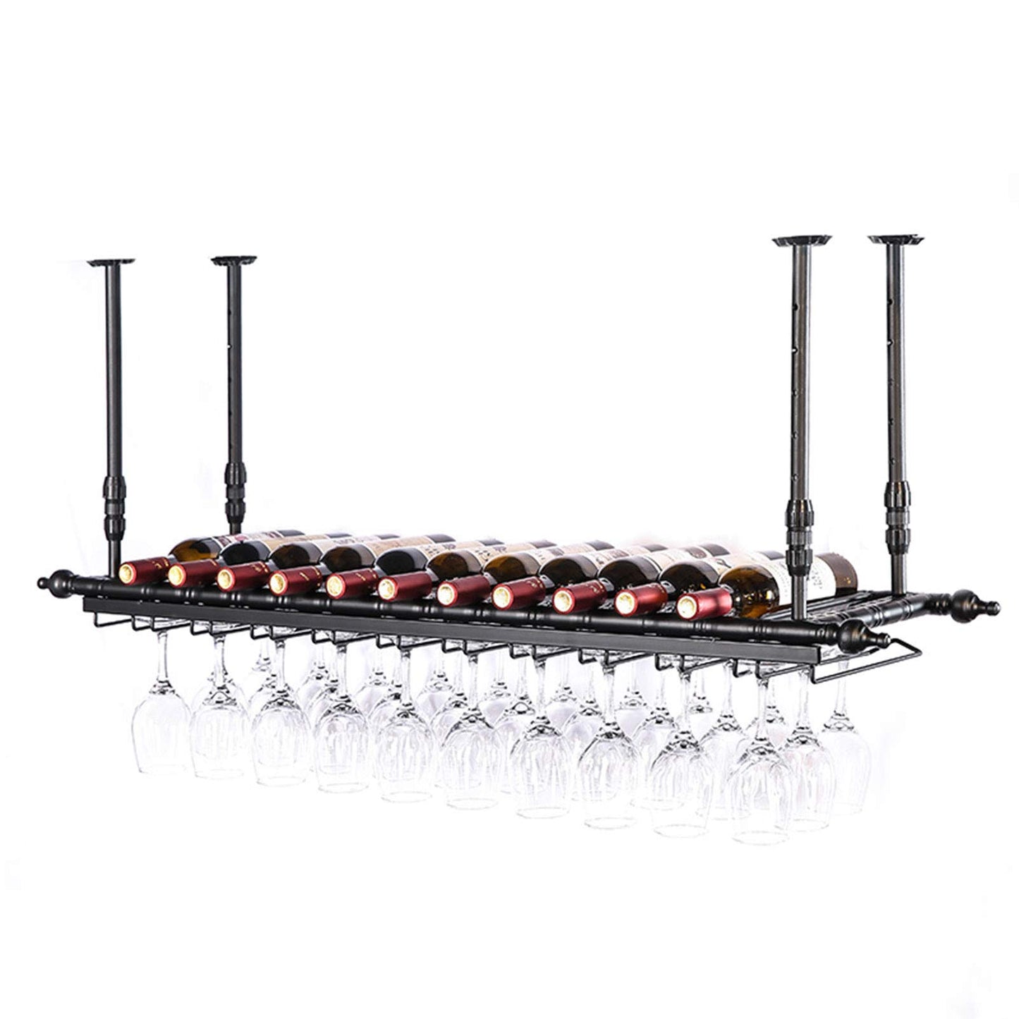 WJDREPKHY Wine Rack Wall Mounted - Bar Floating Wine Racks Adjustable Height Ceiling Mounted Wine Shelf Bottle Holder with Glasses Cups Rack for Restaurant Cafe(Black)