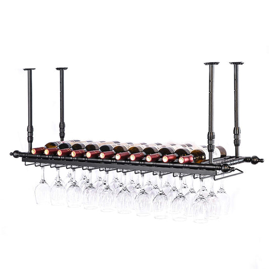 WJDREPKHY Wine Rack Wall Mounted - Bar Floating Wine Racks Adjustable Height Ceiling Mounted Wine Shelf Bottle Holder with Glasses Cups Rack for Restaurant Cafe(Black)