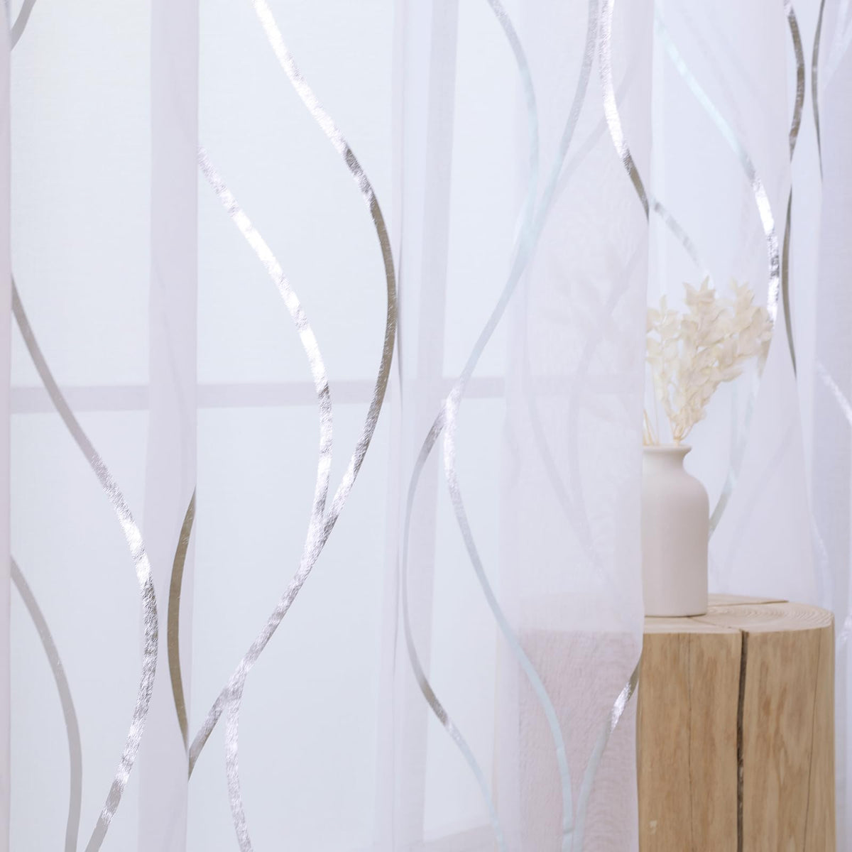 L.Z.E White and Silver Curtains for Living Room, See Through White Sheer Curtains 84 Inches Long 2 Panels Set, Grommet Transparent Window Drapes with Elegant Wave Patterns