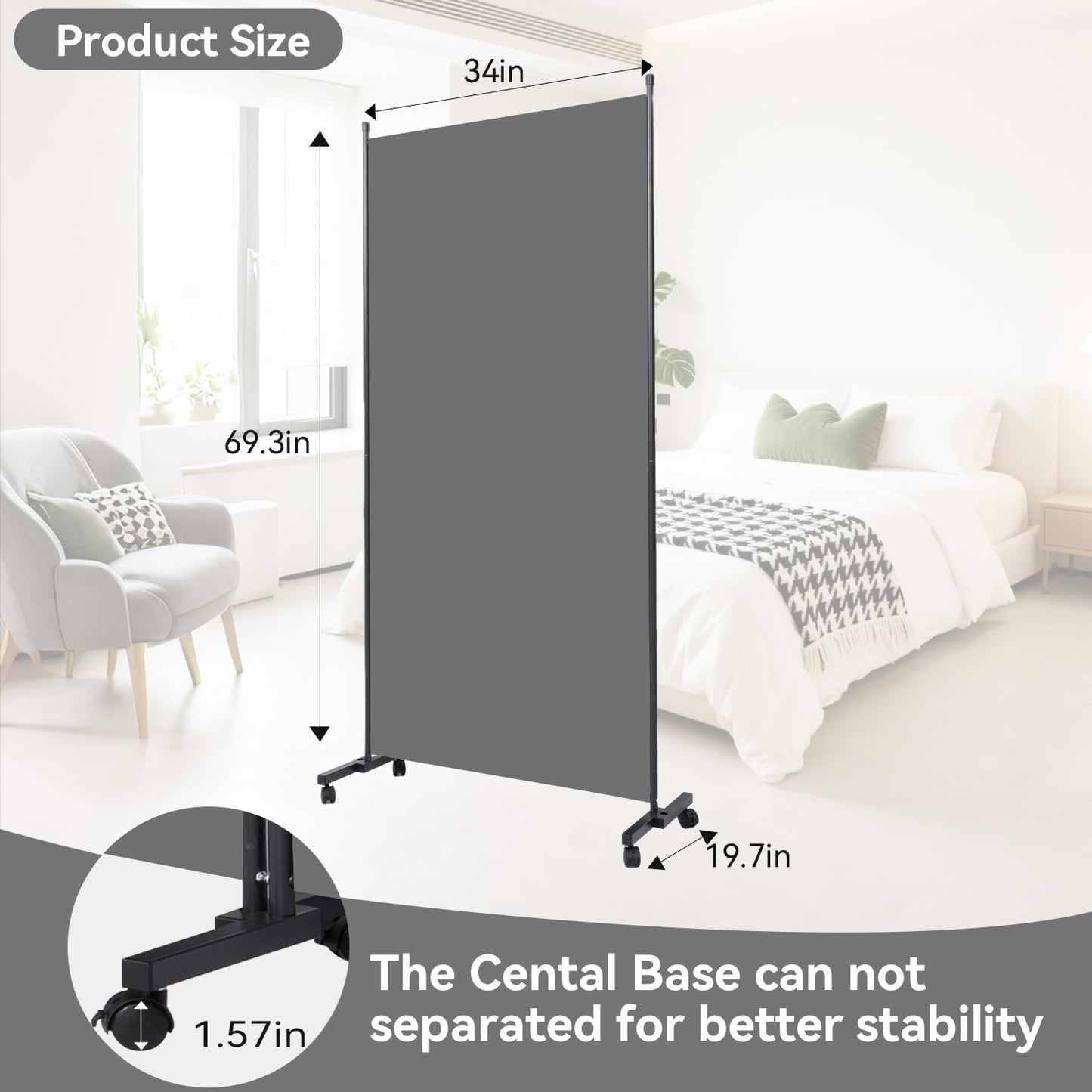 Room Divider(1 Panel-34in) Wall Divider for Room Separation, Portable Privacy Screens W/Wheels, Metal Frame Freestanding Room Separators 5.6FT Room Partitions and Dividers