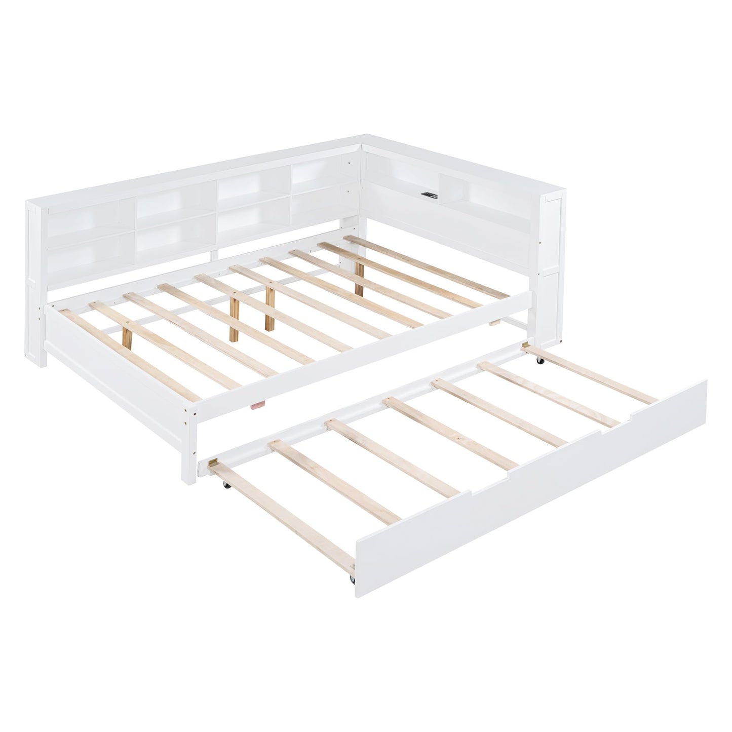 Ball & Cast Full Size Daybed W/Twin Size Trundle,Day Bed with Pop Up Trundle Bed W/USB Charging Ports,Wooden Sofa Bed W/Storage Shelf,No Box Spring Needed,for Bedroom,Guest Room,White
