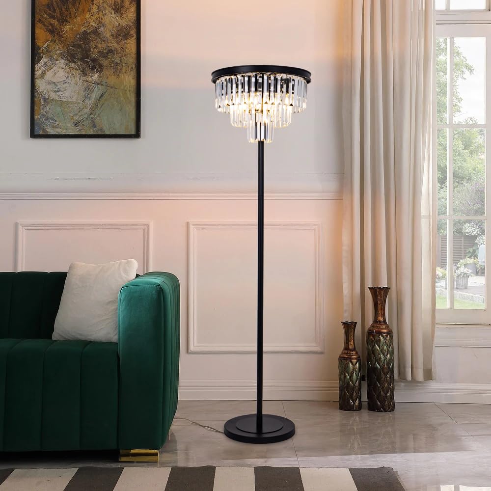Wellmet Modern Crystal Floor Lamp, Black Tall Standing Living Room Lamp