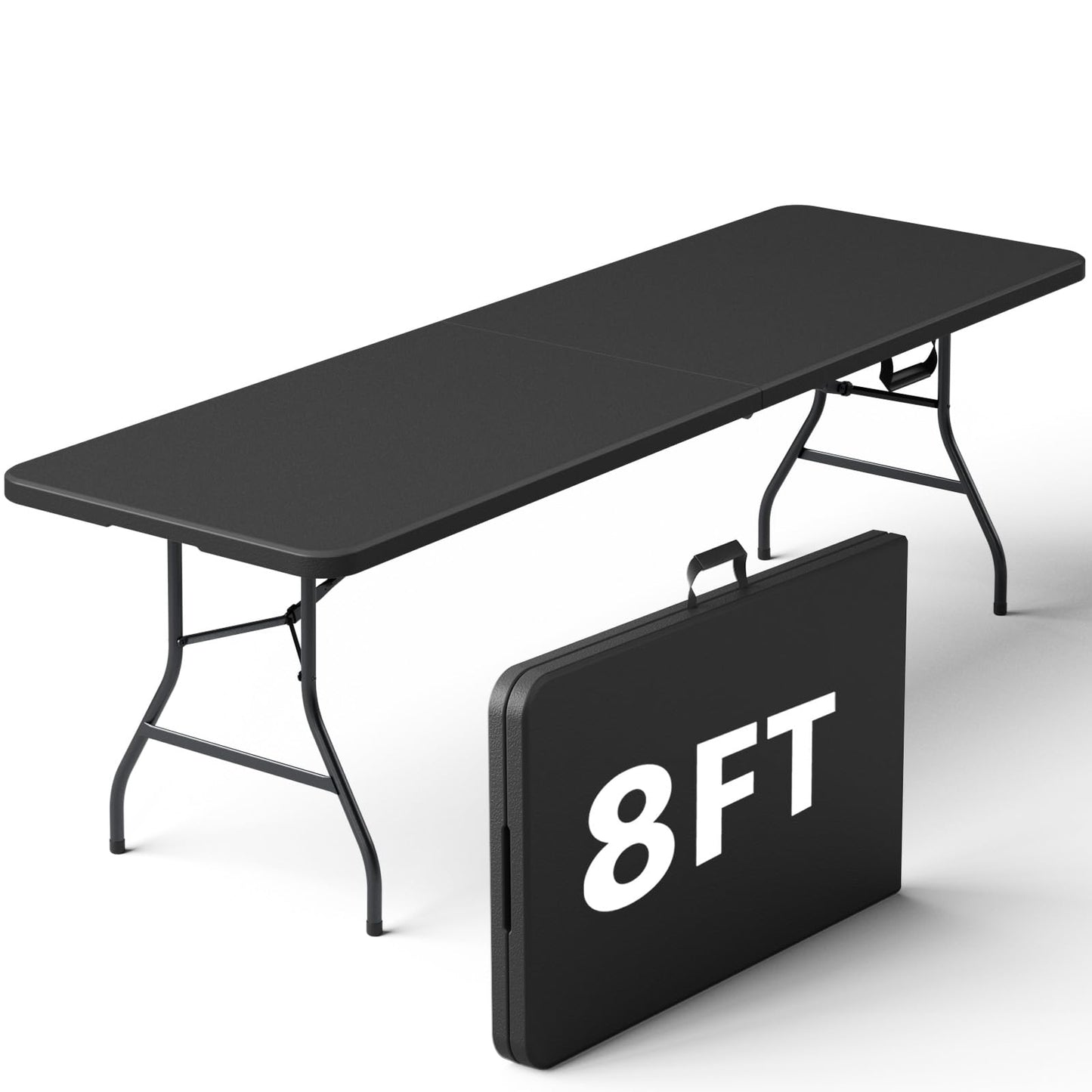 MAKE CHANGES Folding Table 8ft - Heavy Duty Plastic Table with Handle, Foldable & Portable, Fold-in-Half Utility Tables for Outdoor, Dining, Wedding, Events, Indoor, Picnic, Camping, Party (Black)