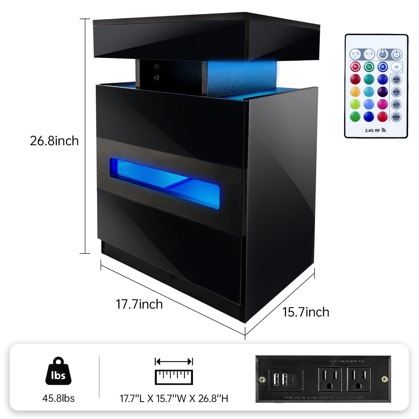 POVUD Night Stand with Gun Drawer, Modern Nightstand with Led Lights and Hidden Compartment, Charging Bedside Table Nightstand with USB C Port Storage Shelves for Bedroom Black