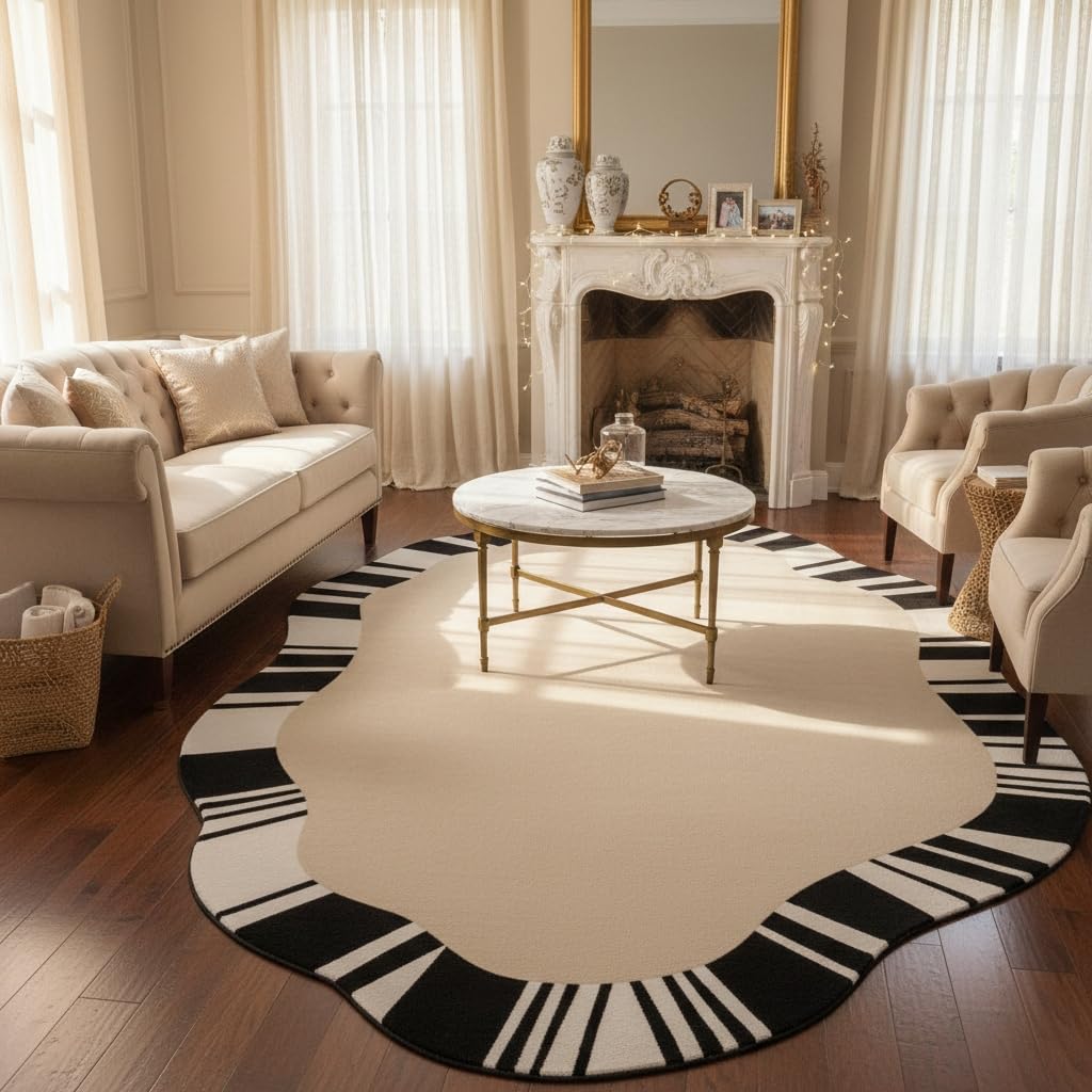 Beige Black White Stripes Irregular Area Rug for Bedroom Living Room Diningroom Non Slip Non Shedding Carpet Mid Century Modern Abstract Shaped Rug Minimalist Home Office Guestroom Floor Mats 5x8
