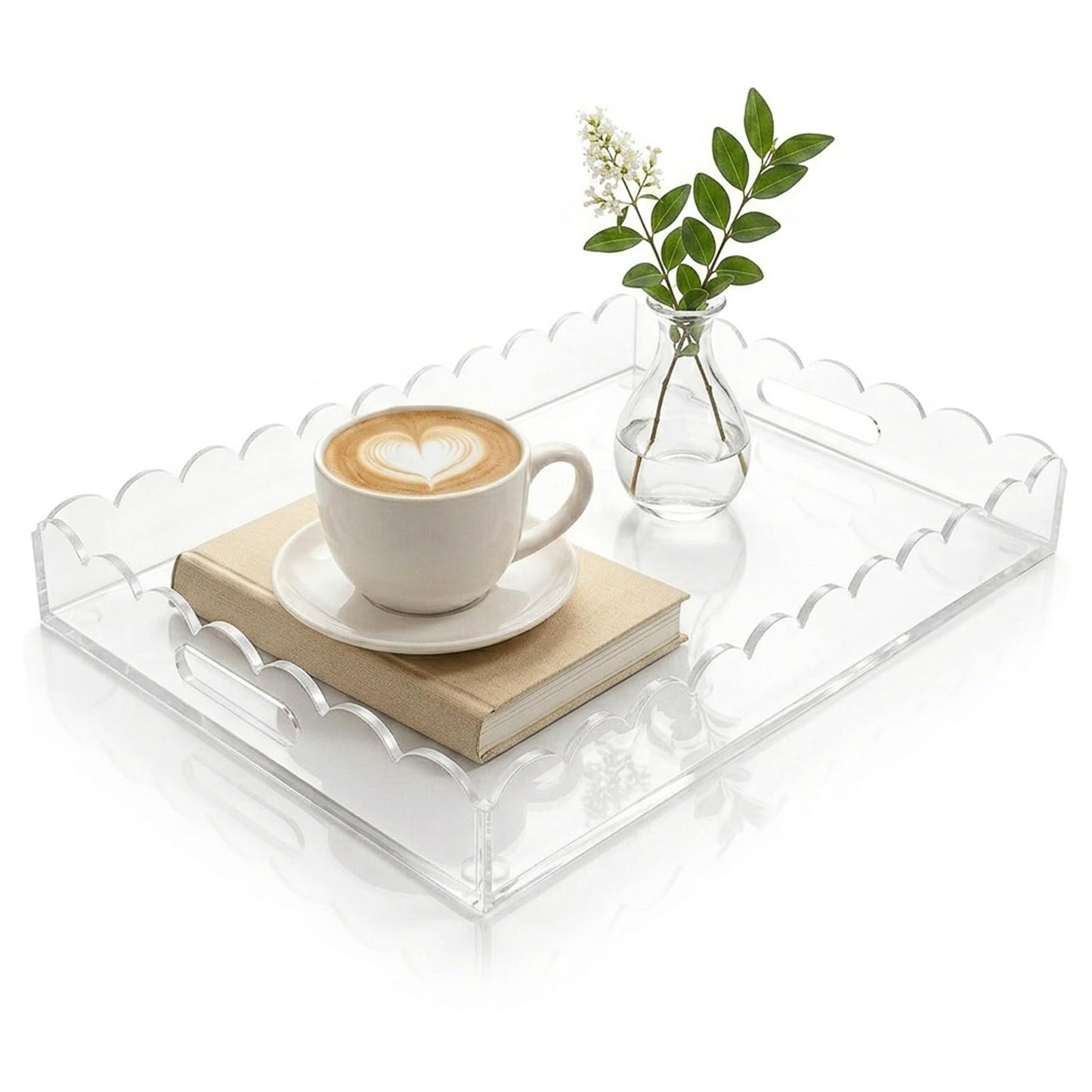DUNPUTE Scalloped Clear Acrylic Tray with Handles, 15 x 10 Inch Decorative Serving Tray for Coffee Table, Ottoman and Vanity, Perfume Tray for Bathroom Vanity, Kitchen Counter and Home Decor