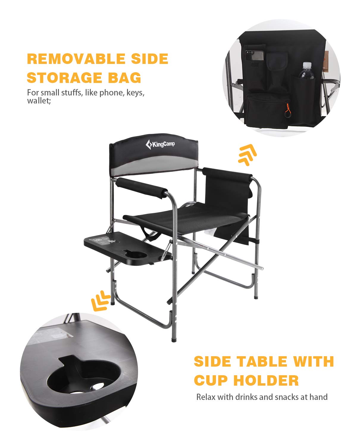 KingCamp Folding Camping Chair, Heavy Duty Portable Directors Style with Side Table Carry Handle Storage Pockets for Outdoor Tailgating Sports Backpacking Fishing, Black
