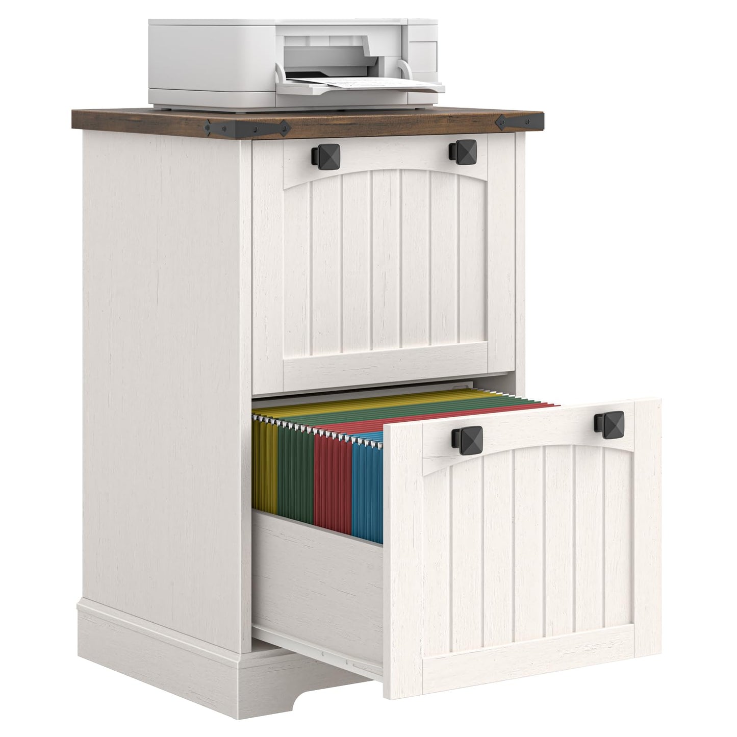 Halitaa 2 Drawer Small File Cabinet, Farmhouse Vertical Filing Cabinet Fits Letter and A4 Size, Under Desk Wooden File Cabinets for Home Office, Printer Stand, Rustic White