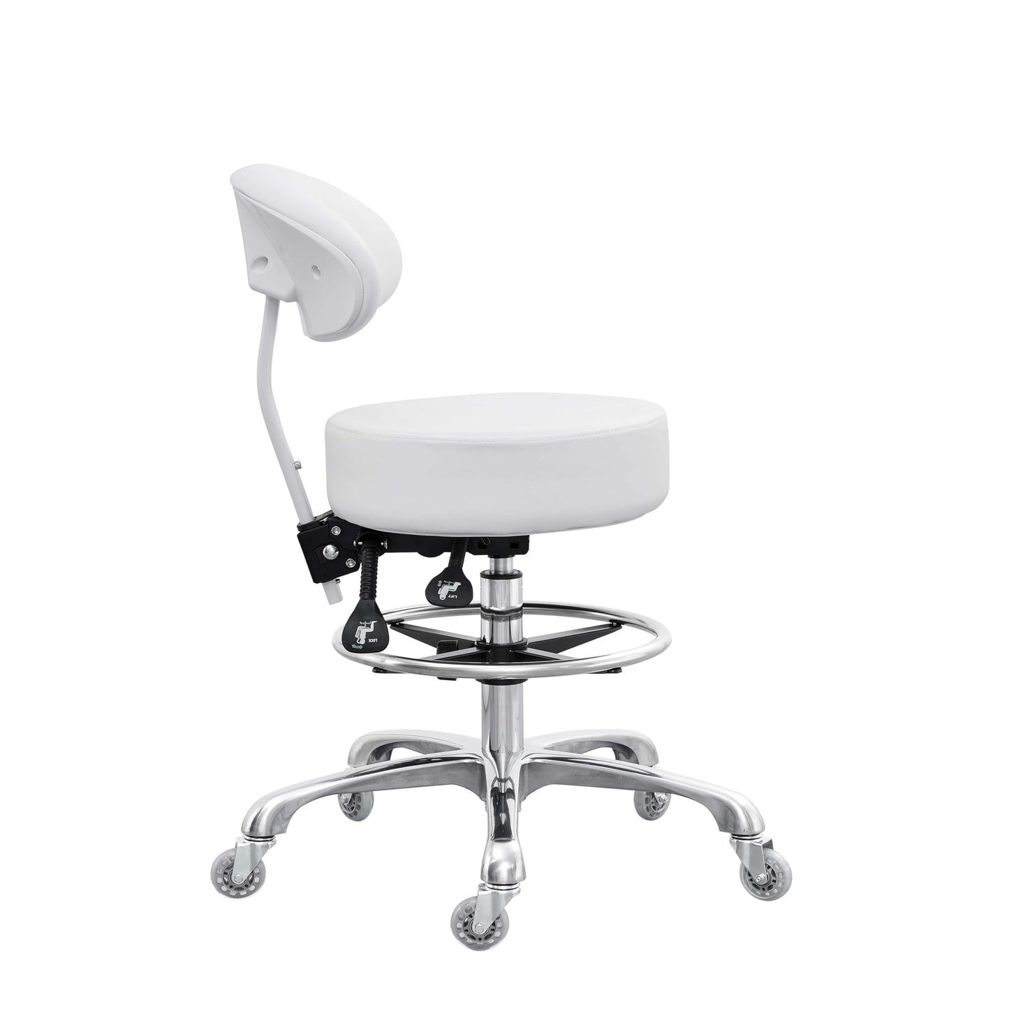 Grace&Grace Drafting Chair Big Cushion Rolling Stool with Back, Tall Shop Stool Rolling Chair with Footrest for Studio, Workshop, Classroom, Lab, Counter, Home Office (White)