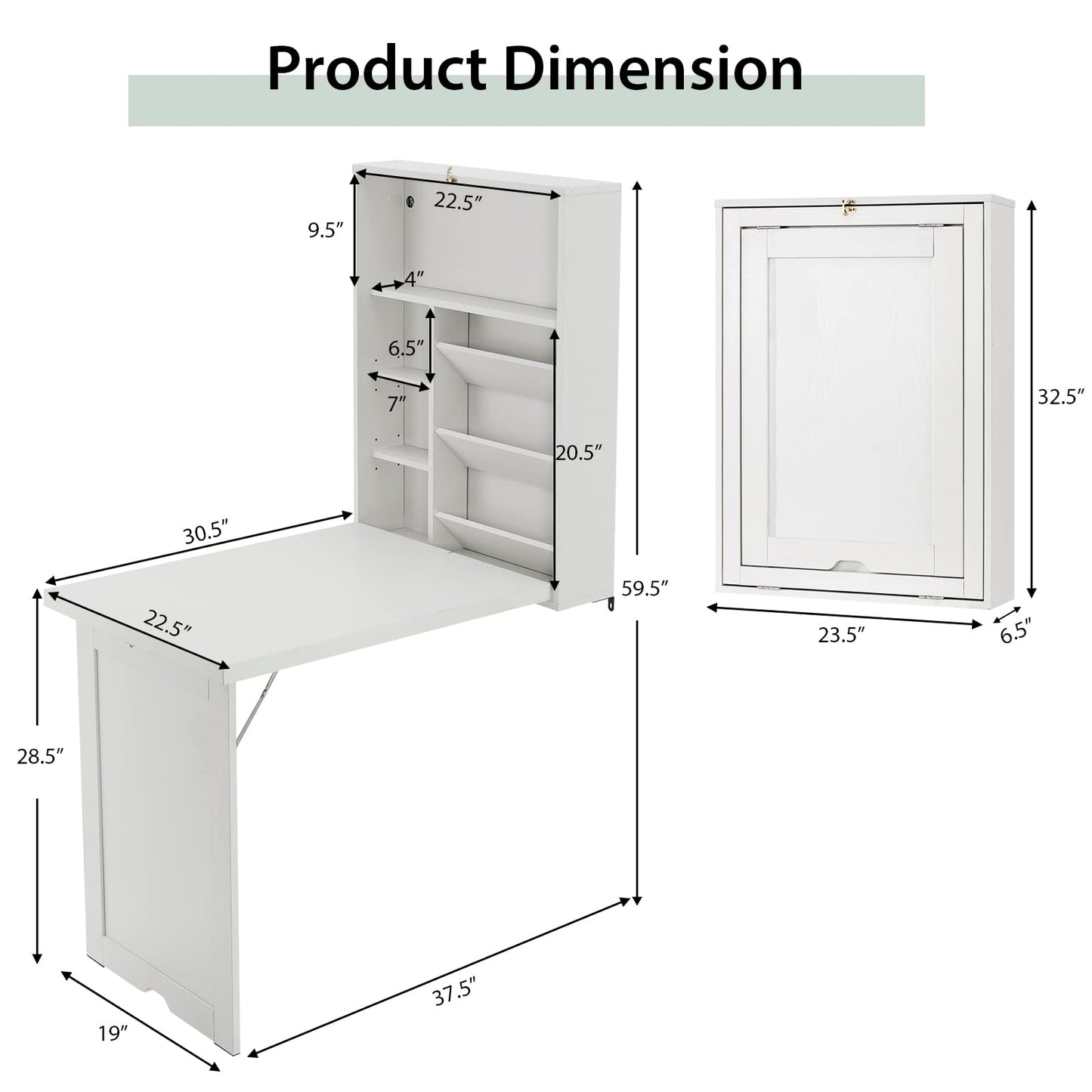 Byroce Wall Mounted Desk, Wood Collapsible Floating Desk, Convertible Computer Desk with Storage Area, Hanging Fold Out Table for Home Office, Small Spaces (White)