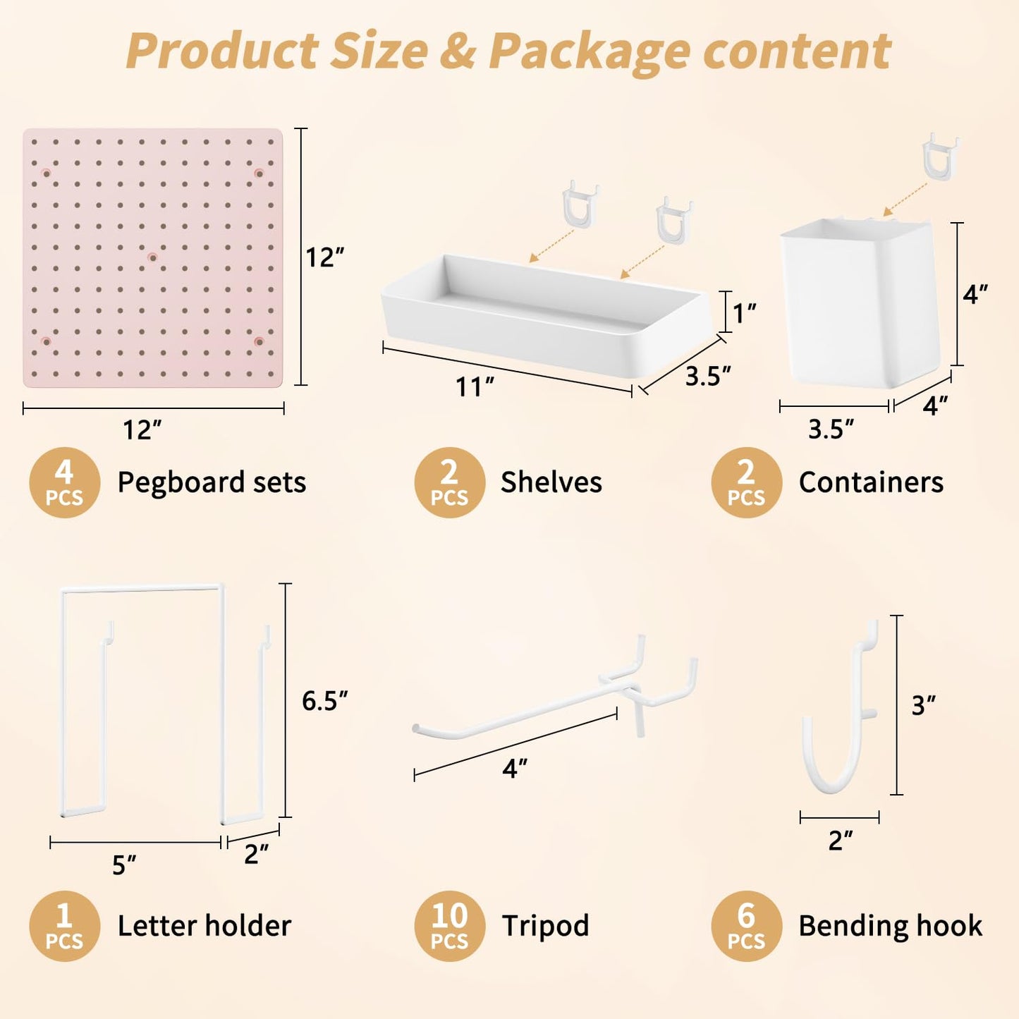 FZK Pink Peg Board Wall Organizer, 12" x 12" Modular Plastic Pegboard Display Panels for Office, Bedroom & Home Decor, Wall Mount Storage Kit with Hooks & Shelves (4 Panels)