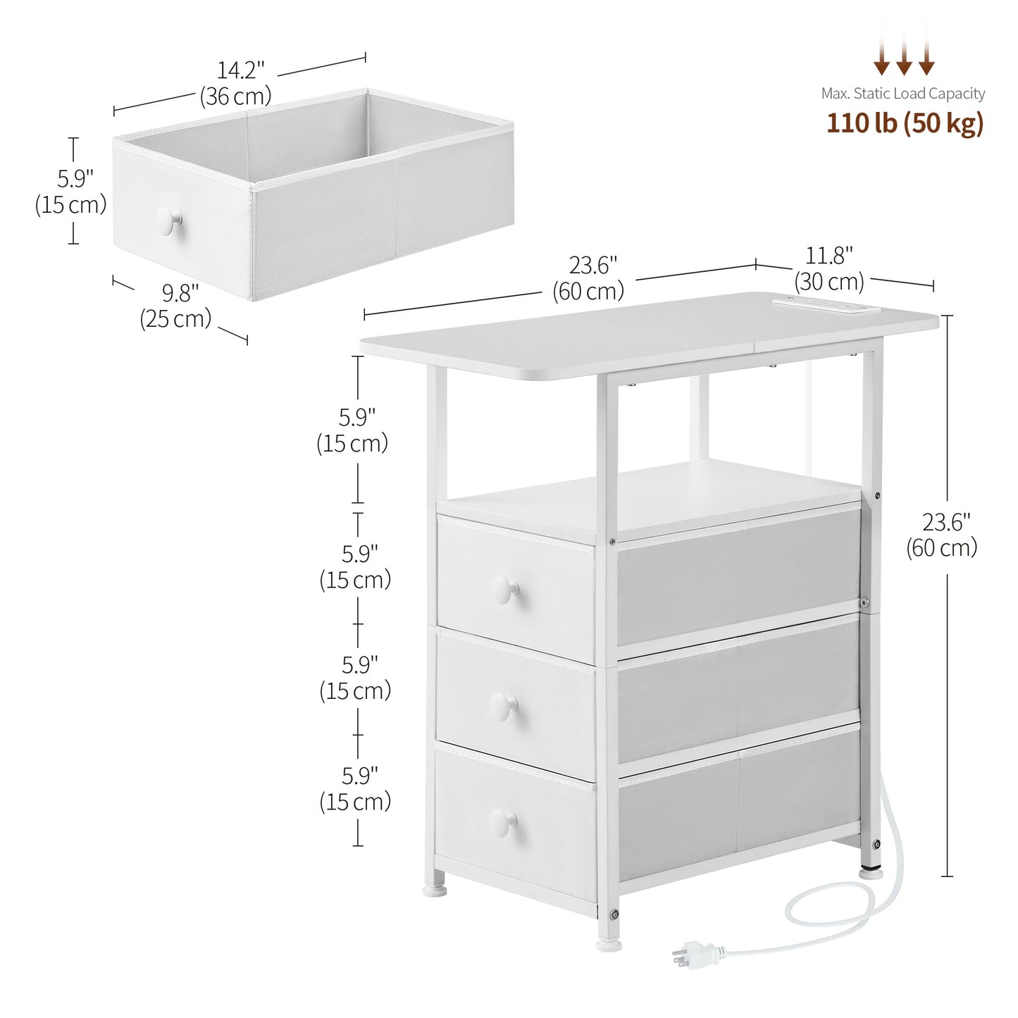 DALEMHOME Narrow End Table with Charging Station, Narrow Side Table with 3 Fabric Drawers, Slim Nightstand with LED Light, Small Table with Storage, Living Room, Bedroom, White HKET1303WT