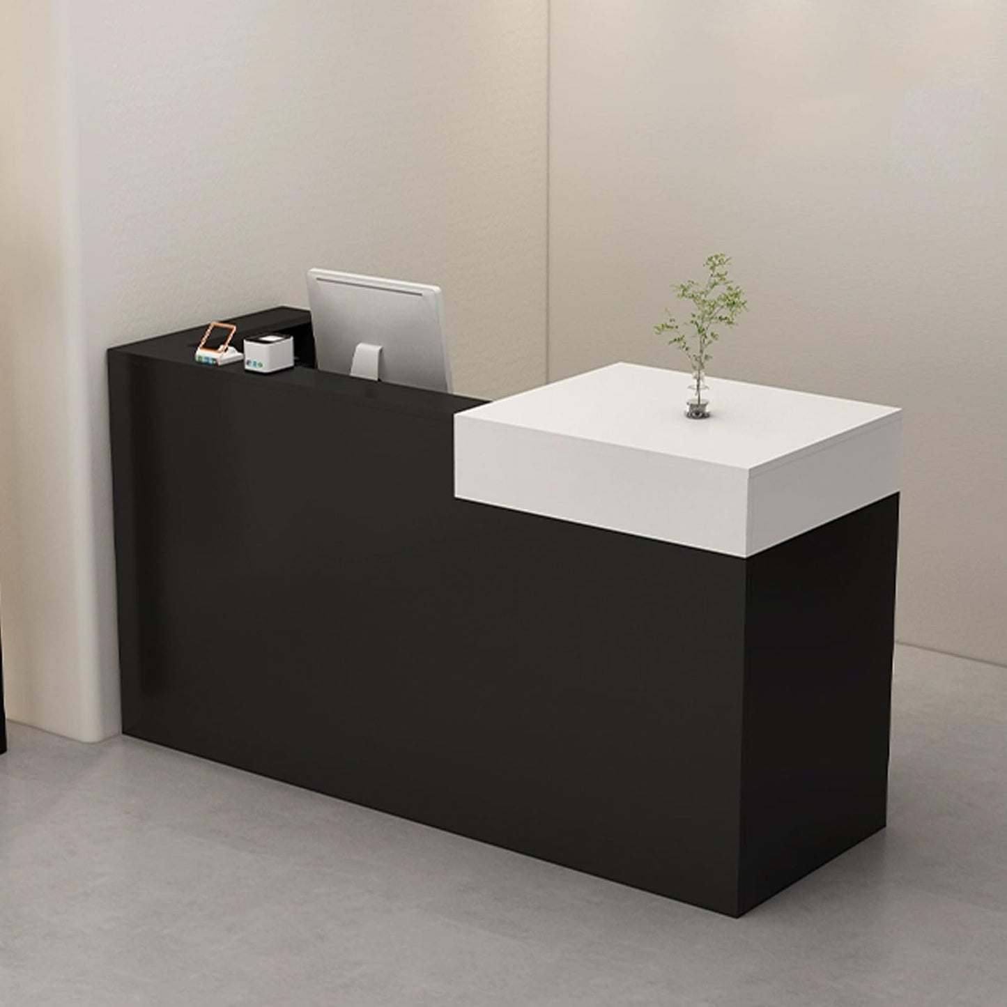 Modern Reception Desk with Lockable Drawer - Stylish Wood Counter for Retail Checkout, Perfect for Convenience Stores & Clothing Shops (Black & White, 39.4in)