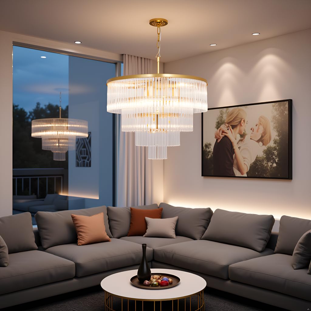 CHGUOSZ Modern Multi-Tier Crystal Chandelier 4-Tier Round Gold Finish Ceiling Light -Cylindrical Glass Rods -Dining Room Living Room Bedroom Entryway -Luxury Lighting Fixture 20''