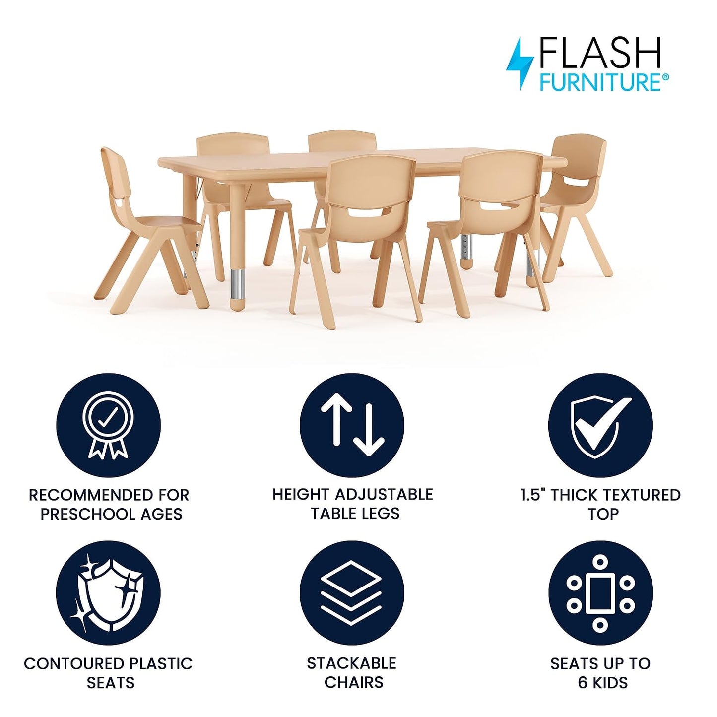 Flash Furniture Adjustable Classroom Activity Table with 6 Stackable Chairs, Rectangular Plastic Activity Table for Kids, 24" W x 48" L, Natural