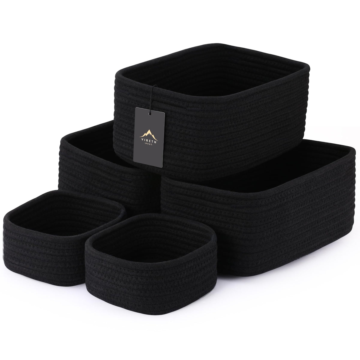 VIRETH HAUS 5-Pack Small Woven Rope Storage Baskets – 2 Sizes Organizer Bins for Closet, Shelf, Bookshelf, Nursery, Changing Table, Fabric Cube Boxes, Rectangular Shallow Bins for Bathroom, Toy & Home