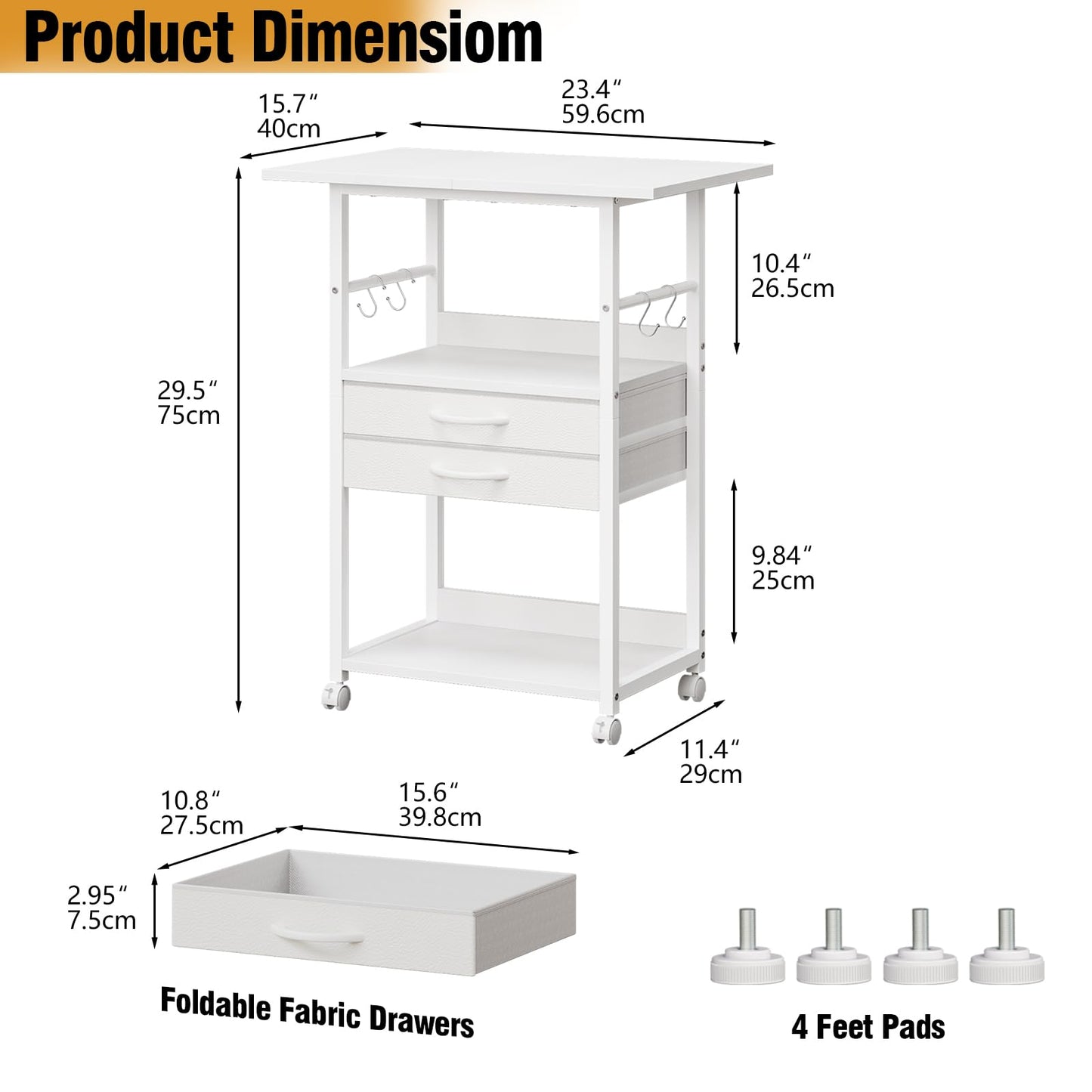 VENNQD Large Printer Stand with Storage Fabric Drawer Under Desk Printer Table with Wheels for Home Office, Printer Cart fit Fax Machine Scanner (White, 3 Tiers)
