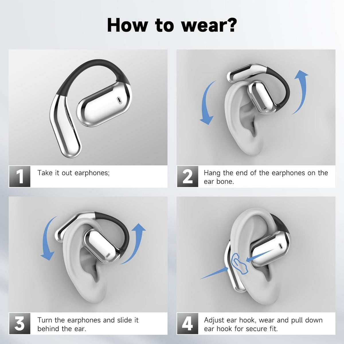 Open Ear Clip Wireless Earbuds Bone Conduction Headphones, Bluetooth 5.4，Built-in Mic, IPX7 Waterproof, LED Display Charging Case,Ear Hooks Ear Buds, Design for Running/Fitness/Office/Sport