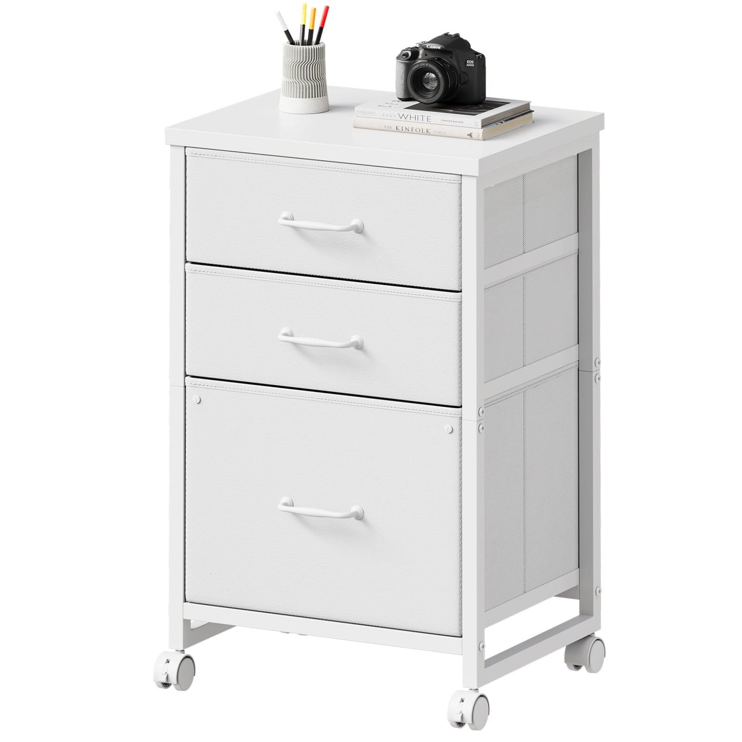 Maihail 3 Drawer Mobile File Cabinet with Wheels Fabric Vertical Filing Cabinet fits A4 or Letter Size for Home Office,White