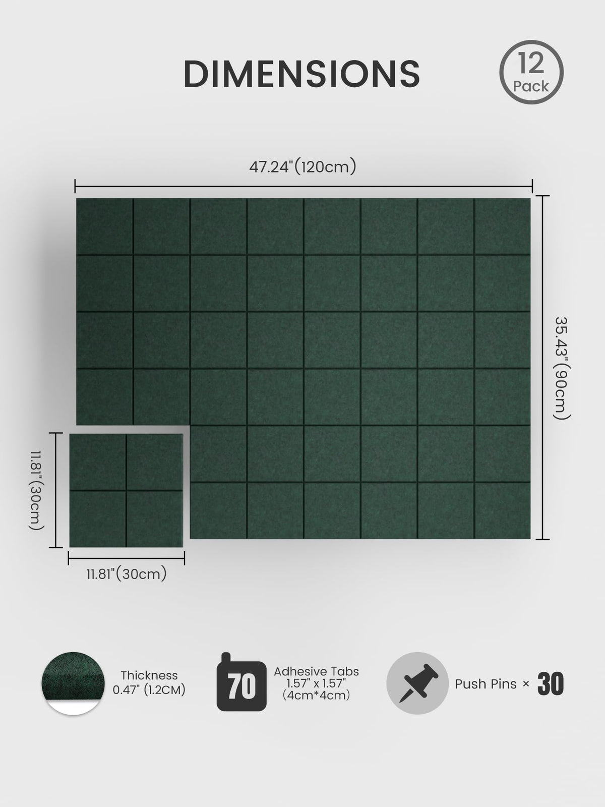Bumusty Large Felt Bulletin Board, 48" x 36" Cork Board Alternative, 12-Pack Wall Tiles with 4-Compartment Design, 30 Push Pins, 70 Adhesive Tabs, Ideal for Office & Home Decor, Pine Green