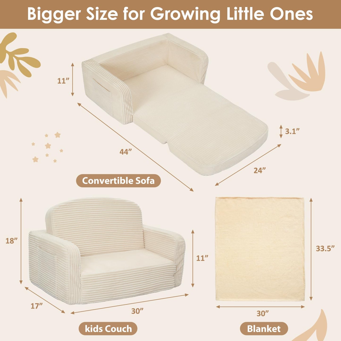 Foryoomi Extra Wide 2 in 1 Convertible Toddler Kids Couch - Corduroy Fold Out Kids Sofa Chair with Blanket, Comfy Comfortable Toddler Chair, Machine-Washable Cover, for Boys Girls, Cream