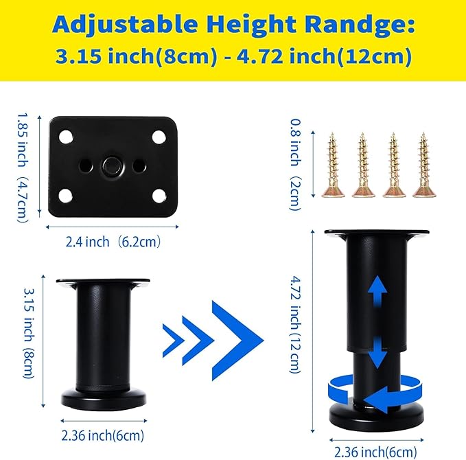 6 Pcs Adjustable Height Furniture Support Legs 3.15-4.72 inch, Metal Heavy Duty