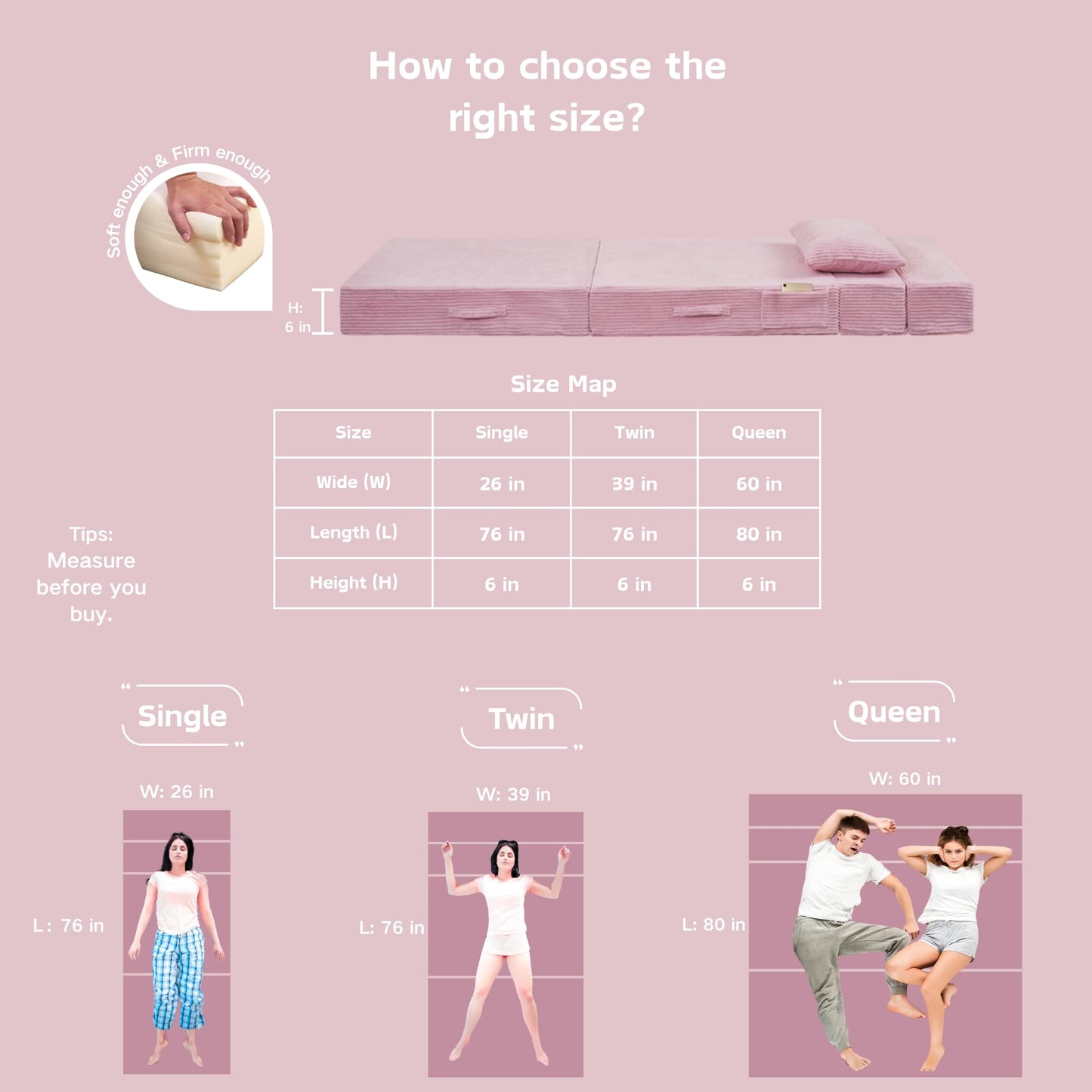 HILERO Folding Sofa Bed, 4 in 1 Convertible Sleeper Chair with Pillow, Single Memory Foam Fold Out Chair Bed, Modern Floor Futon Sofa Couch Mattress for Living Room/Guest/Apartment, Pink