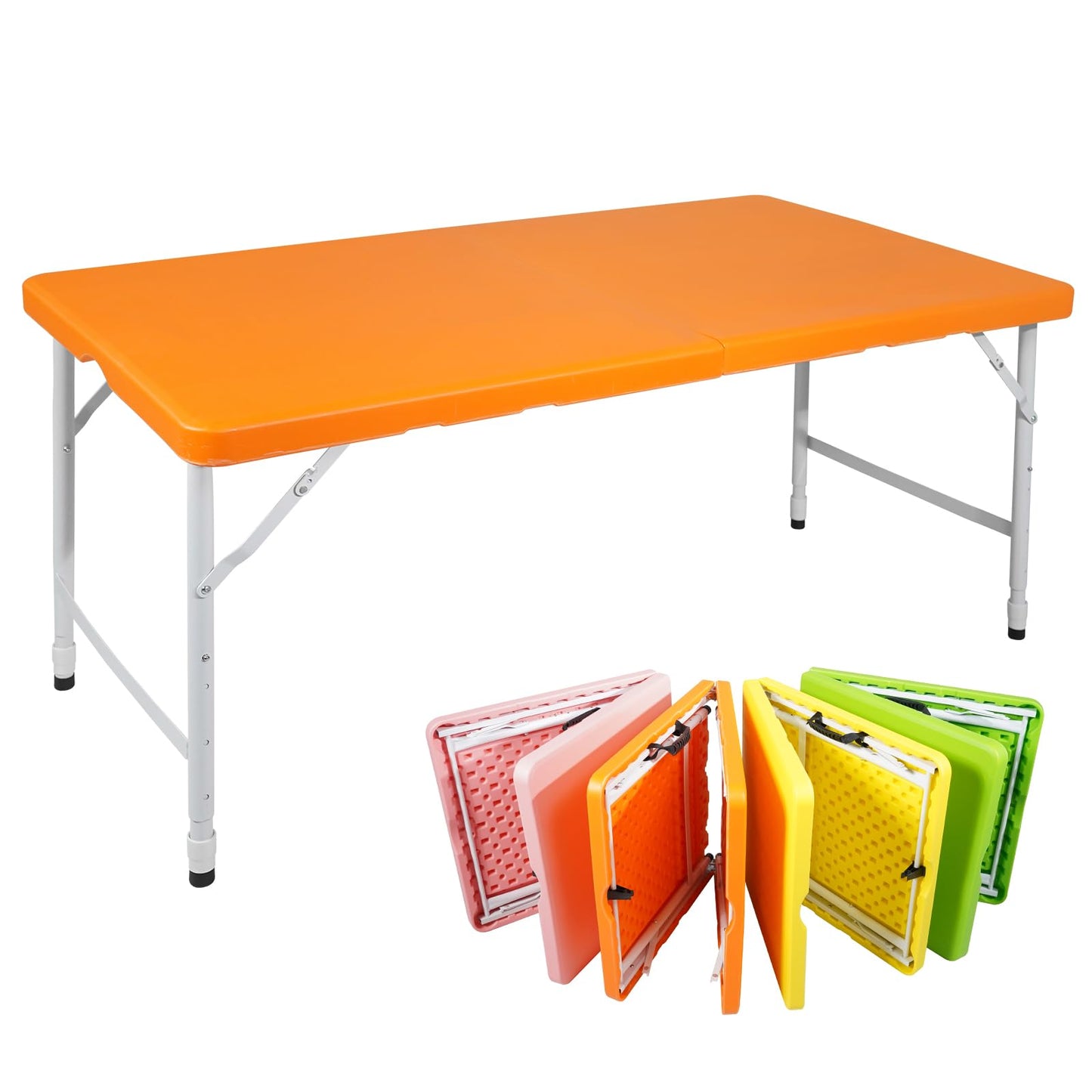SculPong 4 FT Folding Table with Carry Handle, Portable Fold-in-Half Plastic Table, Rectangle Foldable Table for Indoor/Outdoor Orange