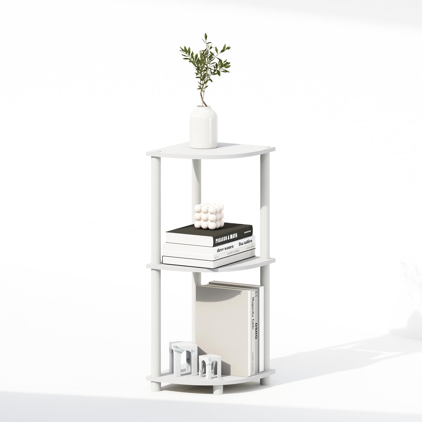 Furinno Turn-N-Tube Corner Shelf, 3-Tier Corner Bookshelf, Display Storage Shelves with Open Shelves, for Organization and Storage, Living Room, Home Office, Garage, White
