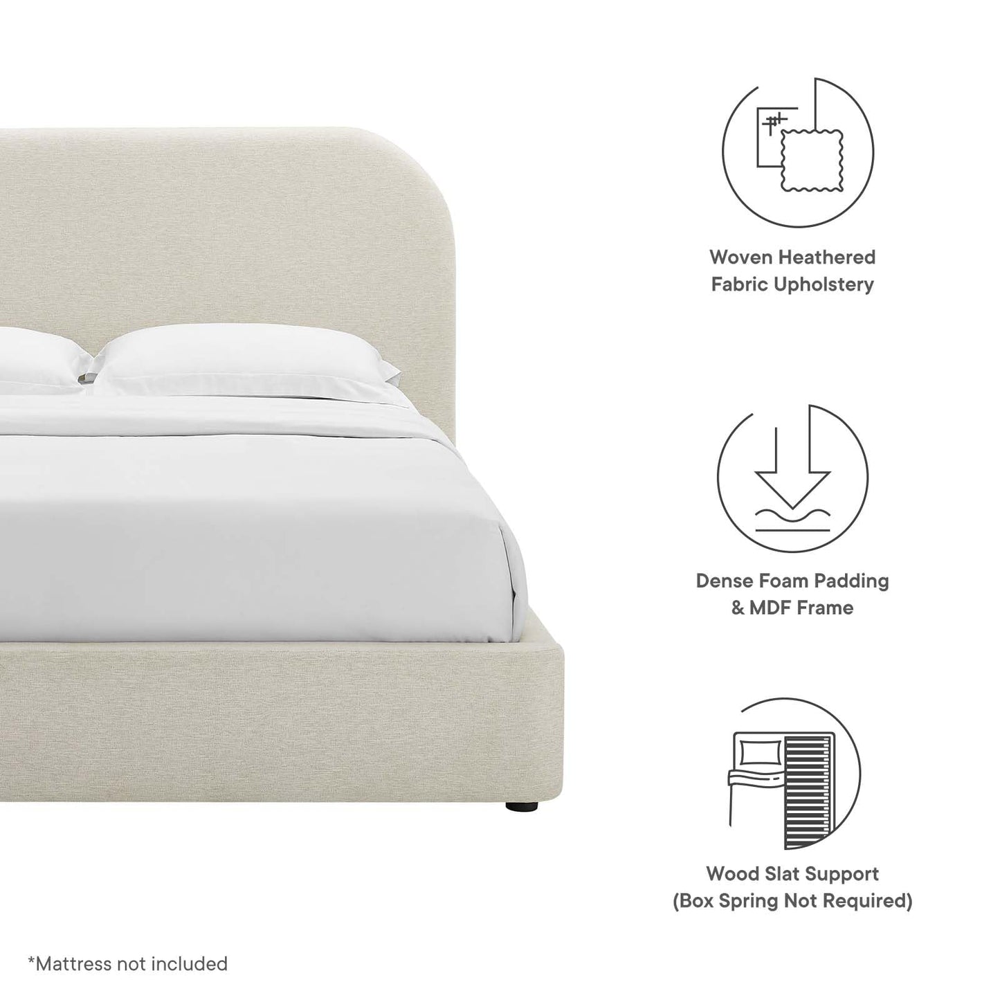 Modway Keynote Modern King Size Bed Frame with Curve Shaped Headboard in Heathered Weave Ivory, Woven Heathered Fabric Upholstery, King Size Platform Bed, Soft Cloud Bed Frame, No Box Spring Needed