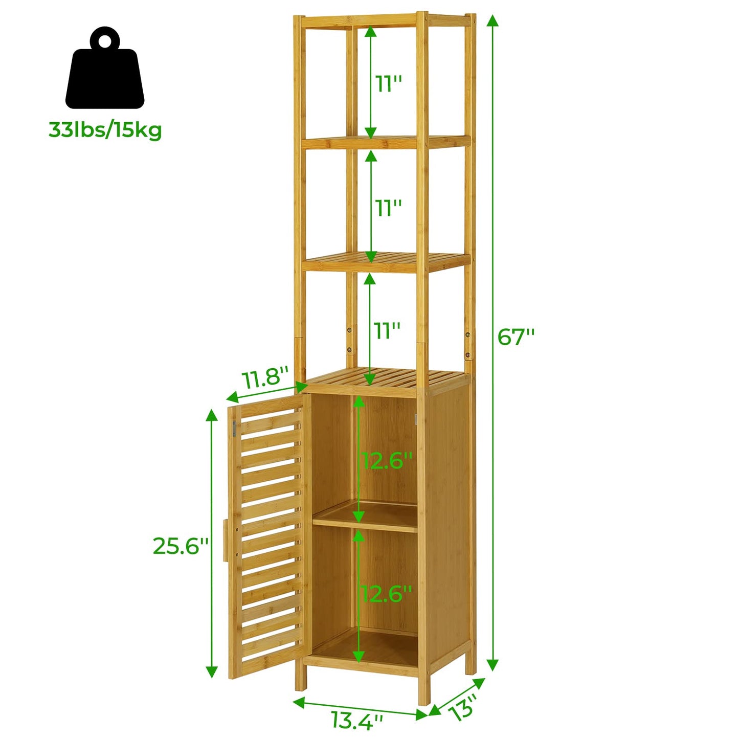 VIAGDO Storage Tall Slim Cabinet with Shutter Door and 3 Tier Shelves, Freestanding Linen Tower Cabinet for Living Room, Kitchen, Bathroom Organizer, Natural Bamboo