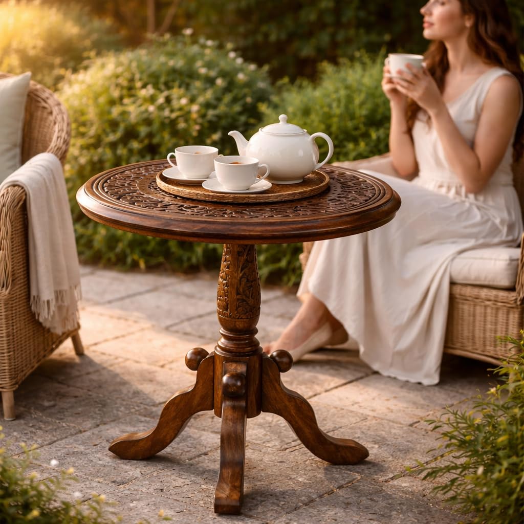 The Wooden Town Handcrafted Carved Round Side Table – 18x21 Inch Coffee Table for Living Room | Solid Wood Accent End Table with Pedestal Base | Altar Table for Home Décor