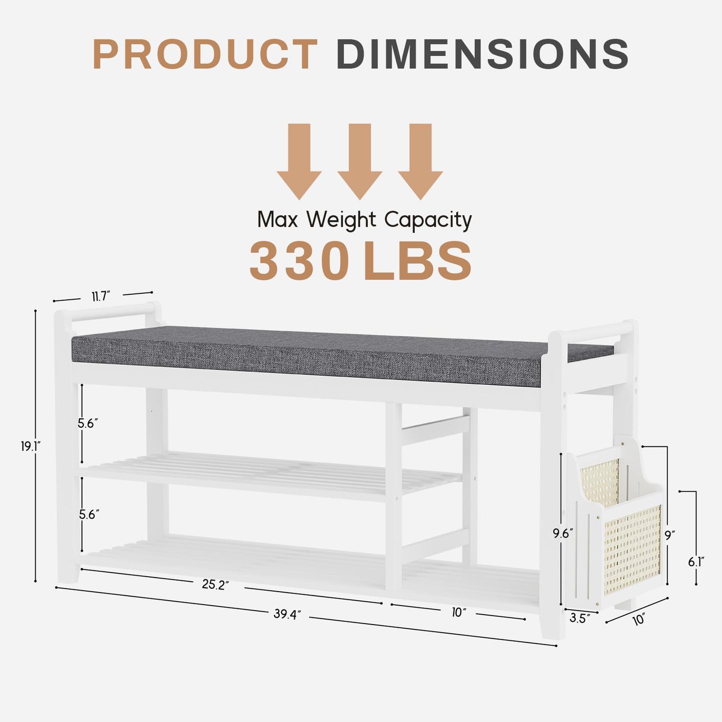 Homaxy 2-Tier Shoe Rack Bench with Side Holder, 39.4 in Bamboo Entryway Bench, Shoe Rack Organizer with Cushion for Front Entrance, Hallway Living Room Bedroom, White and Dark Grey