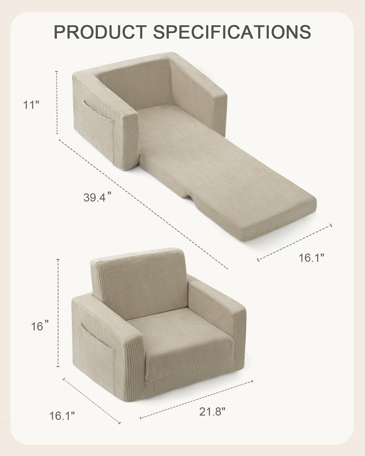 Jouha Kids Chair and Couch, 2-in-1 Fold-Out Kids Sofa, Soft Convertible Seating, Comfy Kids Chair for Boys and Girls,Beige