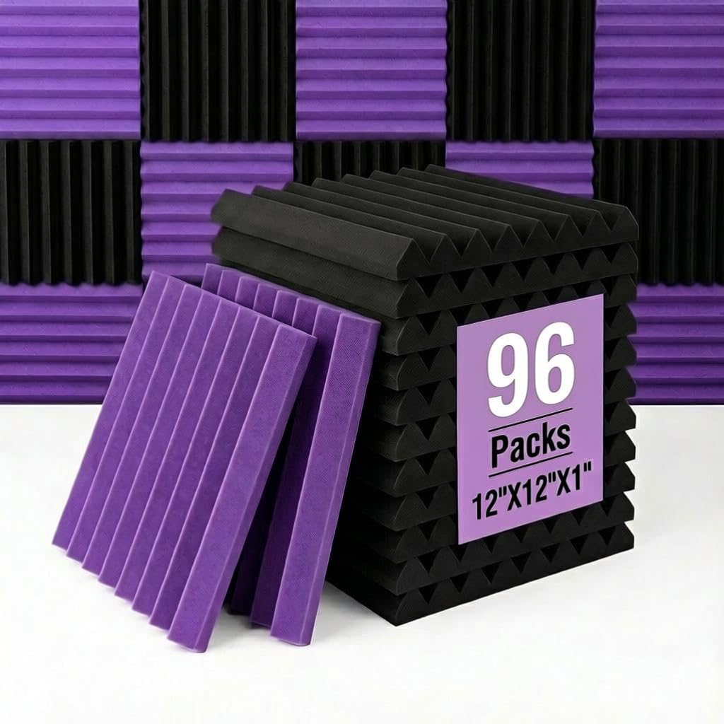 96 Pack Allxinlog Absorb the echo Acoustic Foam Panel Wedge Studio Soundproofing Wall Tiles 12" X 12" X 1" (Accompanied By Double-Sided Adhesive Tape)(48Purple+48Black)