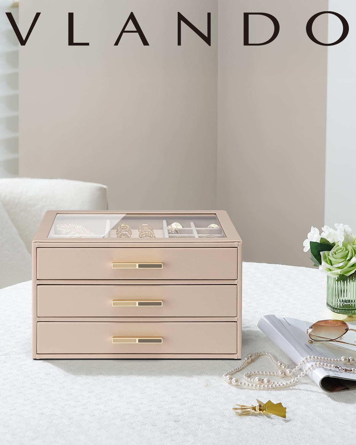 VLANDO Jewelry Box for Women, 3-Layer Jewelry Organizer with Drawers, Glass Lid Display Jewelry Storage, Soft PU Leather Exterior, Contrast Gold Metal Handles, Refined Style – Toffee