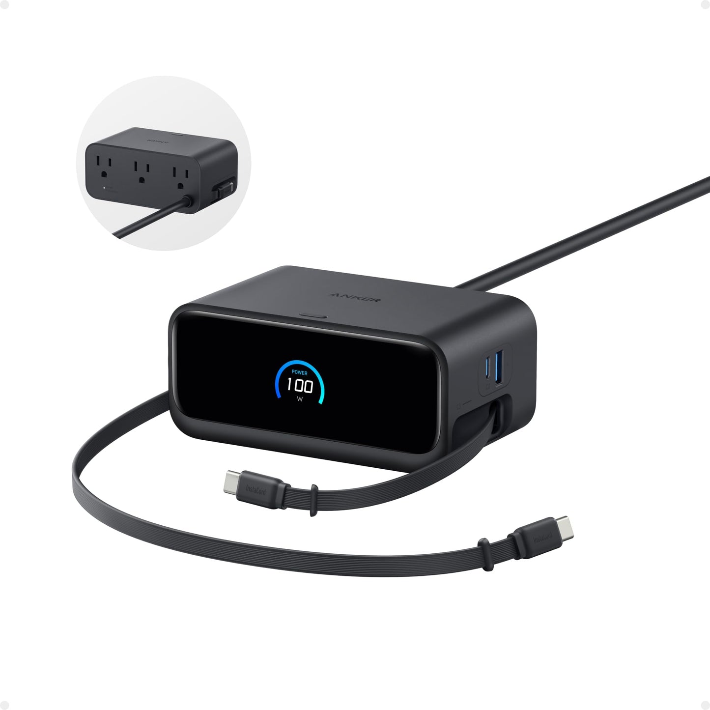 Anker Nano Charging Station, 100W 7-in-1 Power Strip, 2.3ft InstaCord Retractable Cable, Gaming Desk Accessories for Multiple Devices, 3 AC, 3 USB C, 1 USB A, MacBook Charger, Home Office(Non-Battery)