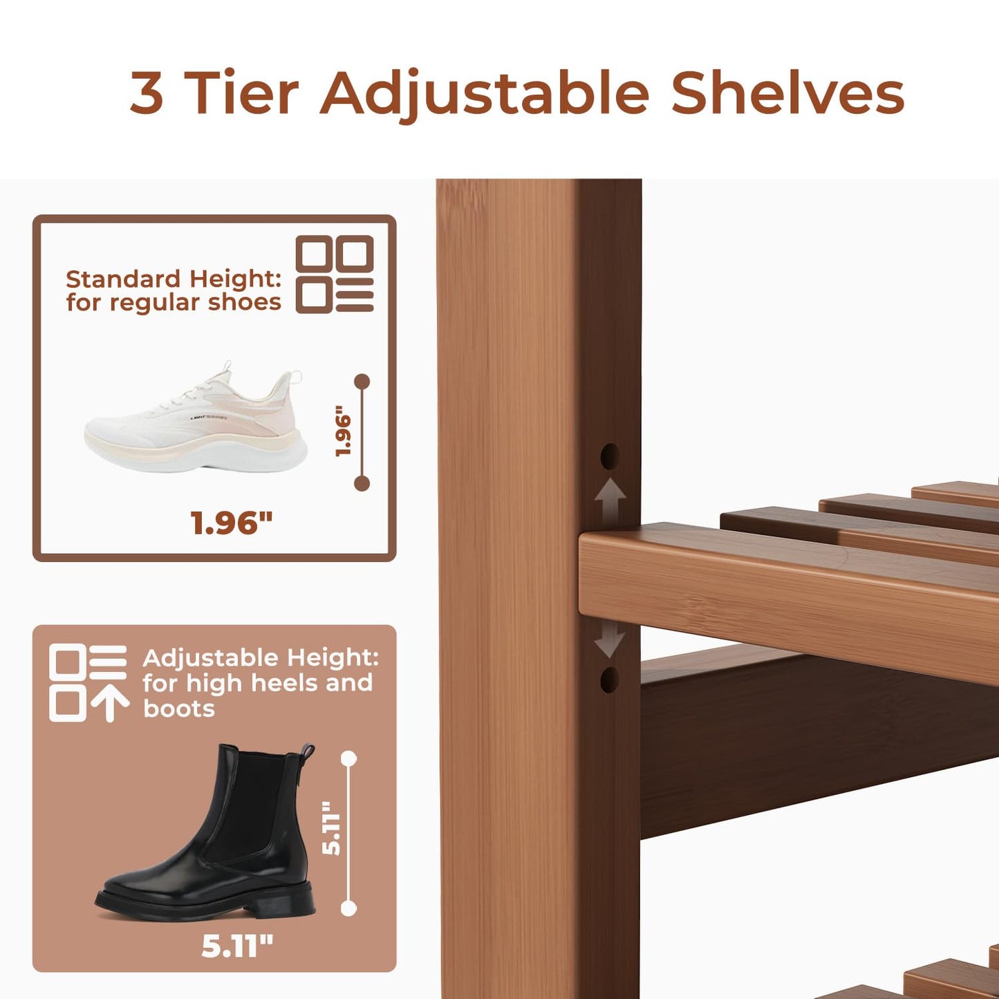 ACSWOD 39.4" Bamboo Shoe Bench with Cushion, 6 Hooks Coat Rack, 3-Tier Adjustable Storage Bench for Entryway, Heavy Duty Shoe Rack Organizer with Removable Soft Cushion for Living Room Bedroom Hallway