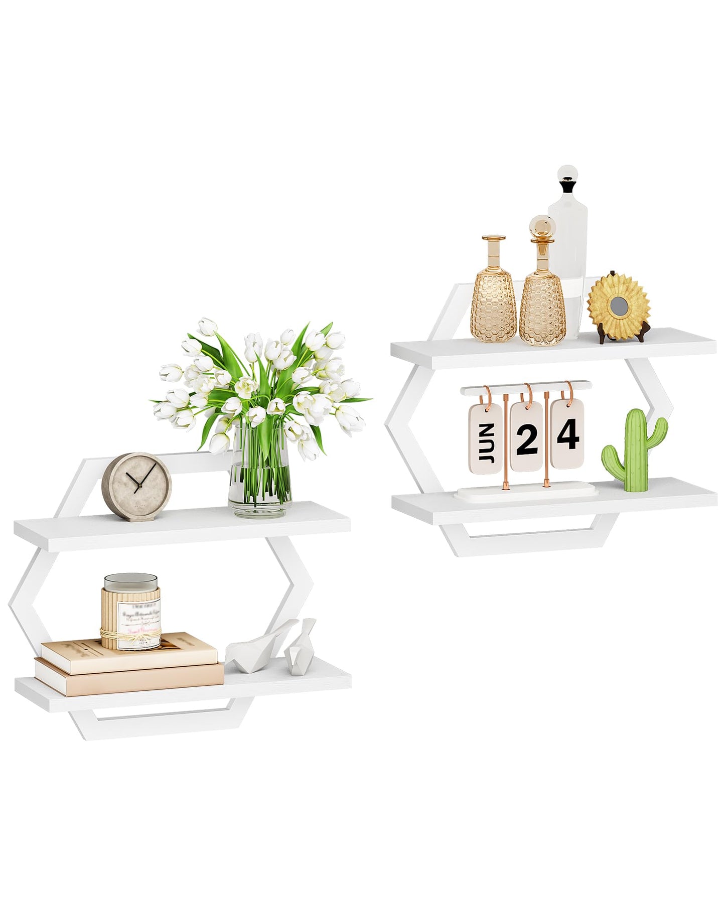 CHOEZON Hexagon Floating Shelves for Wall, Set of 2, 2 -Tier Hanging Shelves, Wall Mounted Storage Shelves, for Living Room, Bedroom, Kitchen, Home Office, Study, White TBJ06P2WB