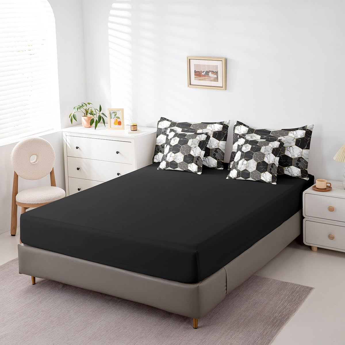 Erosebridal Black Grey Marble 7 Piece Bed in A Bag White Gray Hexagon Honeycomb Comforter Set King for Kids Boys Teen Adults Men Gold Marble Grain Bedding Set Geometric Marbling Art Bed Set