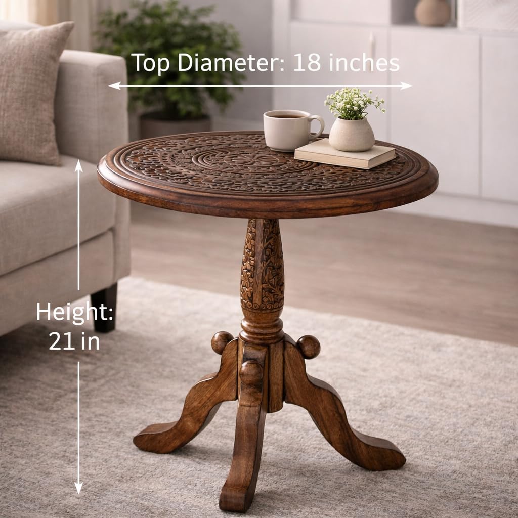 The Wooden Town Handcrafted Carved Round Side Table – 18x21 Inch Coffee Table for Living Room | Solid Wood Accent End Table with Pedestal Base | Altar Table for Home Décor