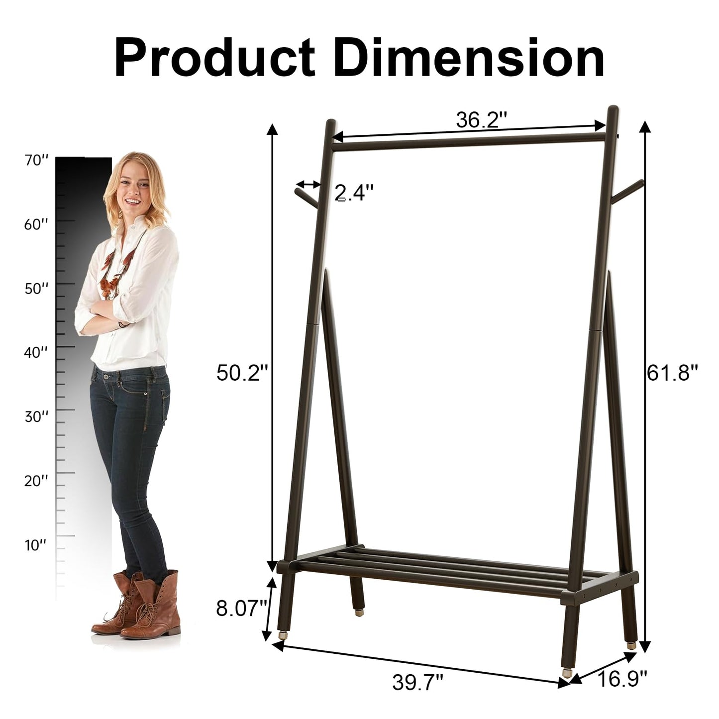 Muwuele Solid Wood Clothing Rack, Rolling Clothes Rack for Hanging Clothes, Garment Rack with Shelves Load 350 Lbs, Portable Closet Organizer on Wheels for Hanging Clothes (Black)