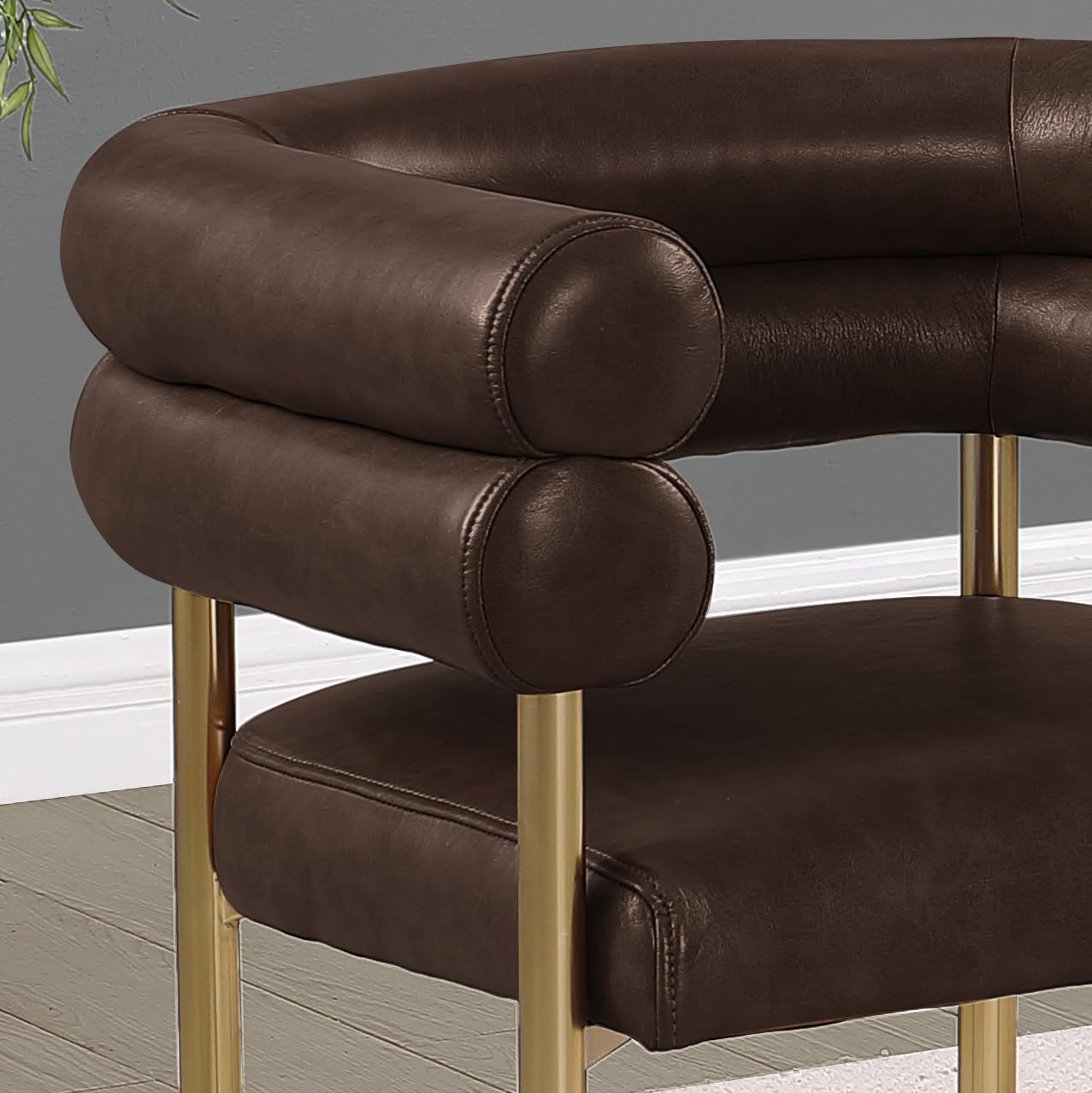 Modern Double Bolster Dining Chairs Set of 2, Leath-Aire Upholstered Tub Chairs with Gold Base, Mid-Century Accent Chairs for Dining Room, Living Room, & Office (Espresso/Gold)